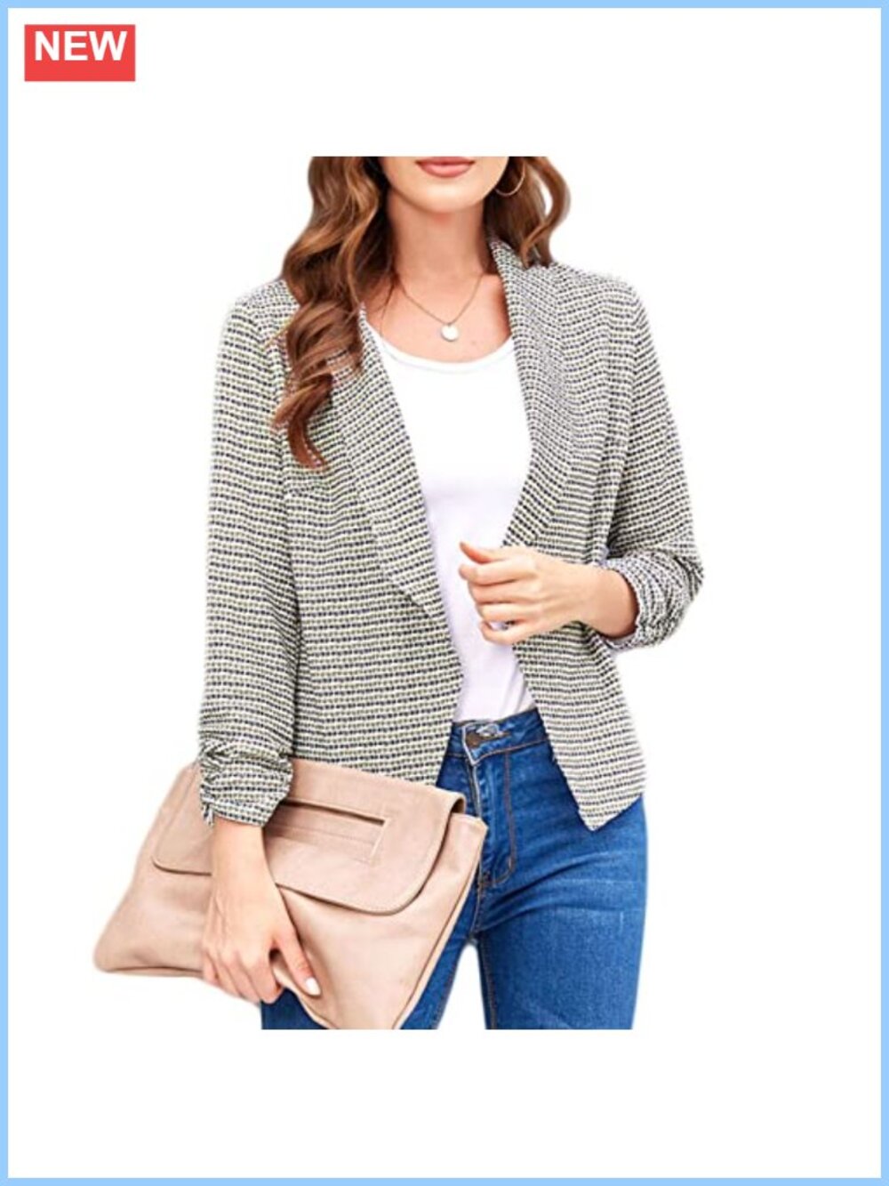 Women's Shawl Collar 3/4 Ruched Sleeve Open Front Blazer Business Casual Work
